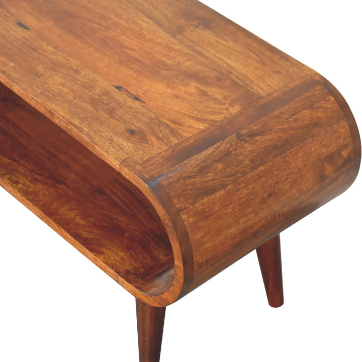Chocolate Brown Lacquered Oak-Finish Solid Mango Wood Amaya Mini Coffee Table with Nordic Legs