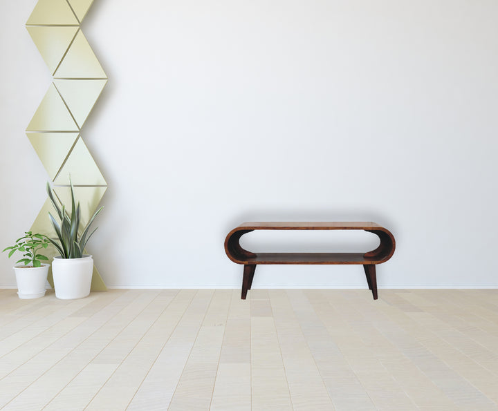 Chocolate Brown Lacquered Oak-Finish Solid Mango Wood Amaya Mini Coffee Table with Nordic Legs