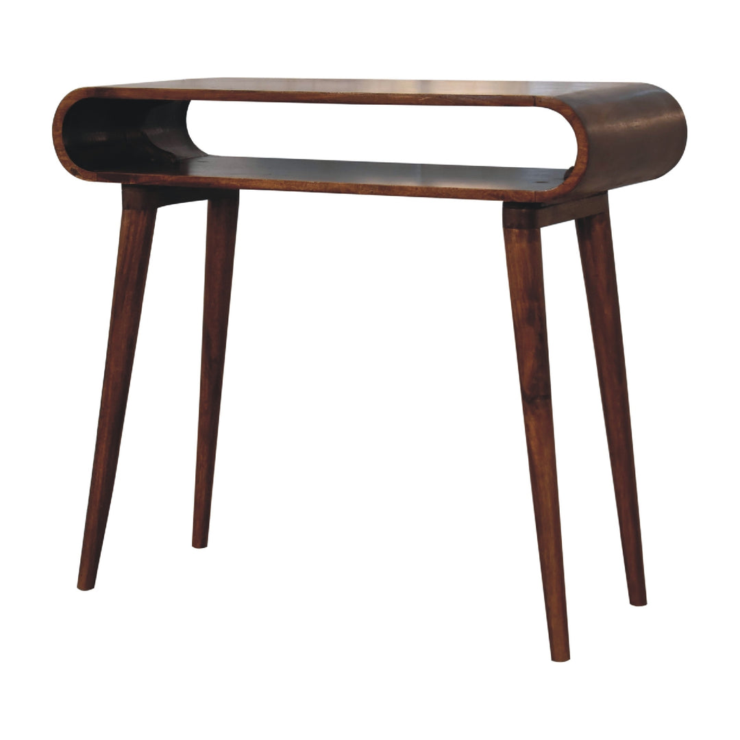 Solid Mango Wood Amaya Nordic Console Table with Open Shelf & Tapered Legs | Dark Chestnut Finish | 90 x 35 x 80 cm