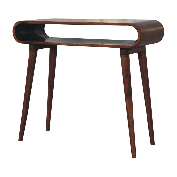 Solid Mango Wood Amaya Nordic Console Table with Open Shelf & Tapered Legs | Dark Chestnut Finish | 90 x 35 x 80 cm