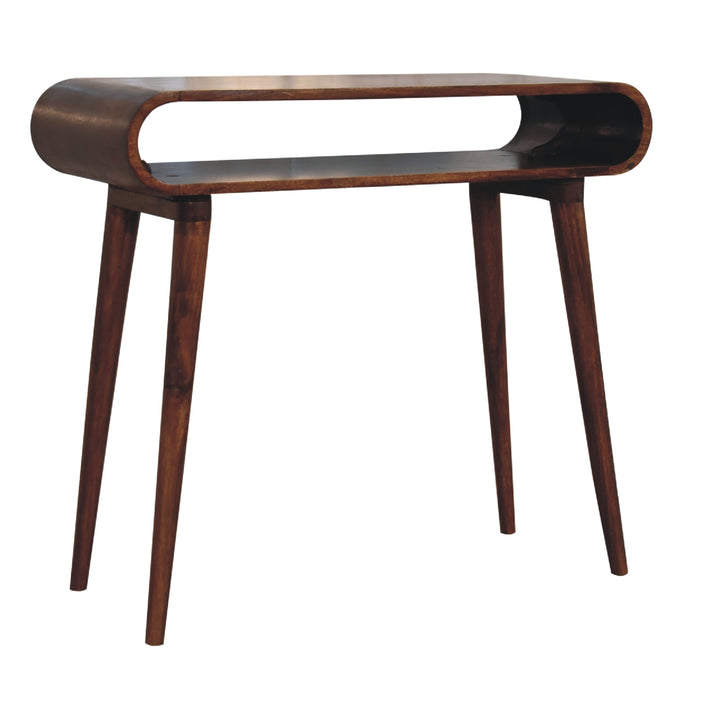 Solid Mango Wood Amaya Nordic Console Table with Open Shelf & Tapered Legs | Dark Chestnut Finish | 90 x 35 x 80 cm