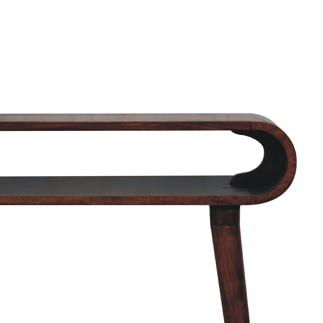 Solid Mango Wood Amaya Nordic Console Table with Open Shelf & Tapered Legs | Dark Chestnut Finish | 90 x 35 x 80 cm