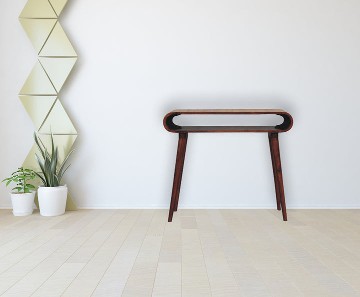 Solid Mango Wood Amaya Nordic Console Table with Open Shelf & Tapered Legs | Dark Chestnut Finish | 90 x 35 x 80 cm