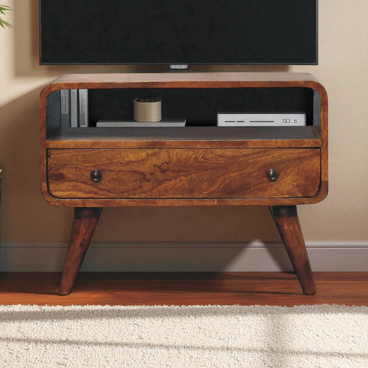 Brown Lacquered Velvet Mocha Solid Mango Wood Mini TV Stand with Carved Drawer & Open Niche