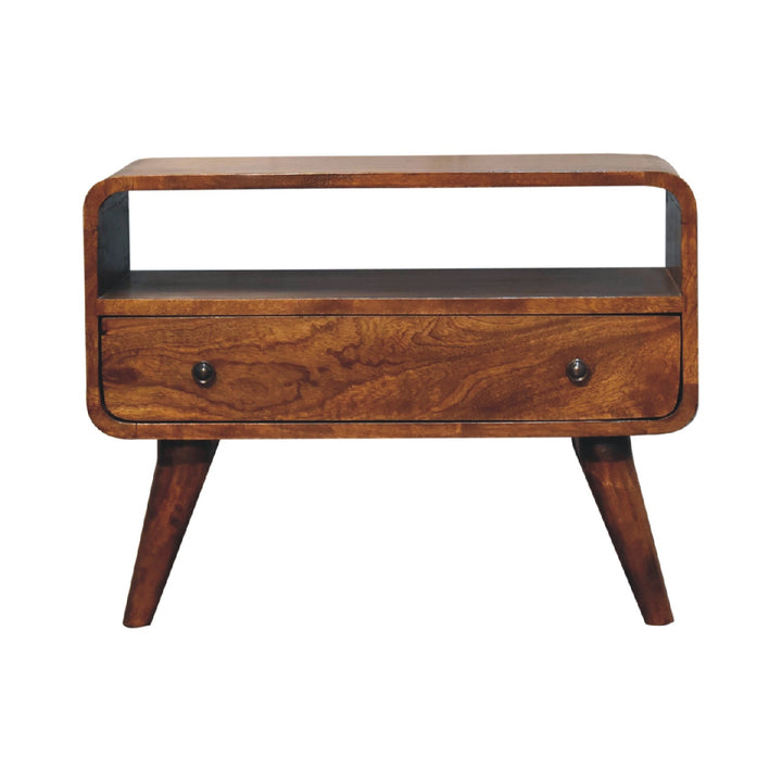 Brown Lacquered Velvet Mocha Solid Mango Wood Mini TV Stand with Carved Drawer & Open Niche