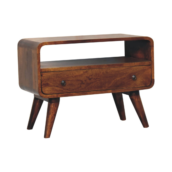 Brown Lacquered Velvet Mocha Solid Mango Wood Mini TV Stand with Carved Drawer & Open Niche