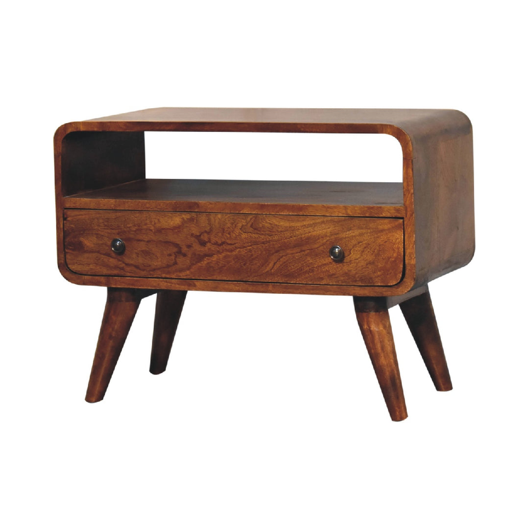 Brown Lacquered Velvet Mocha Solid Mango Wood Mini TV Stand with Carved Drawer & Open Niche
