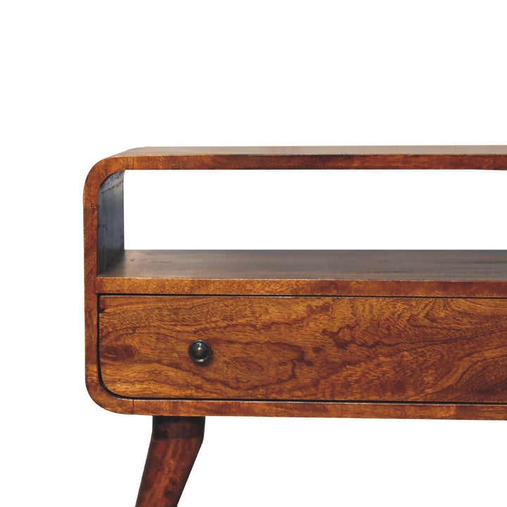 Brown Lacquered Velvet Mocha Solid Mango Wood Mini TV Stand with Carved Drawer & Open Niche