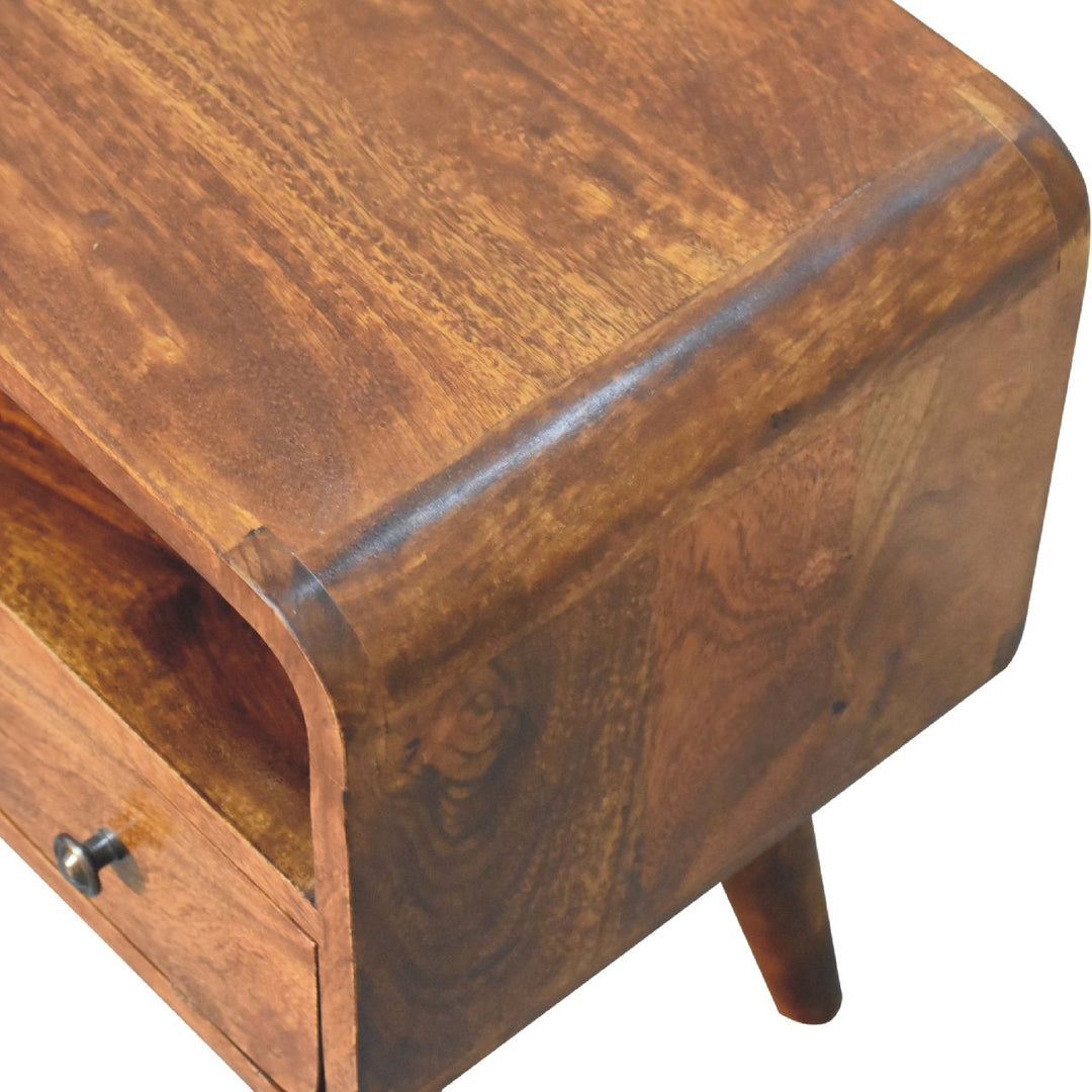 Brown Lacquered Velvet Mocha Solid Mango Wood Mini TV Stand with Carved Drawer & Open Niche