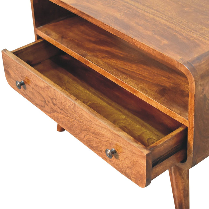 Brown Lacquered Velvet Mocha Solid Mango Wood Mini TV Stand with Carved Drawer & Open Niche