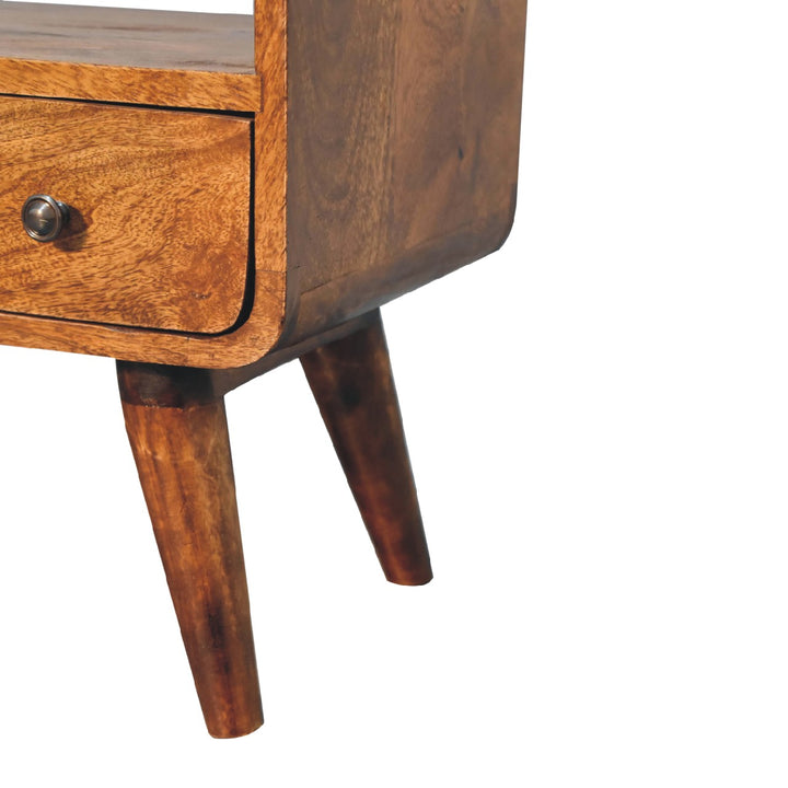 Brown Lacquered Velvet Mocha Solid Mango Wood Mini TV Stand with Carved Drawer & Open Niche