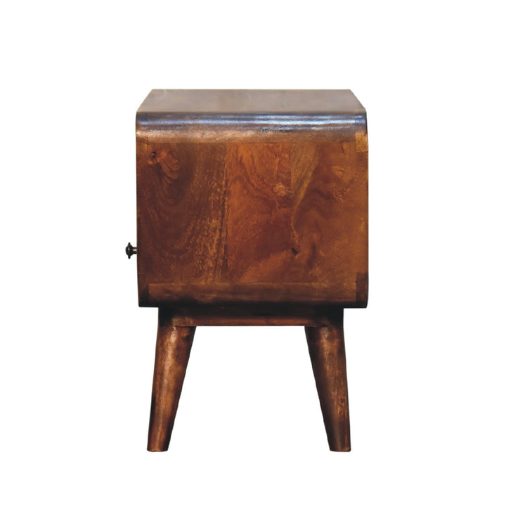 Brown Lacquered Velvet Mocha Solid Mango Wood Mini TV Stand with Carved Drawer & Open Niche