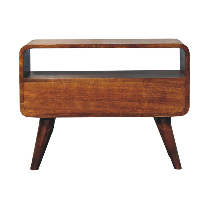 Brown Lacquered Velvet Mocha Solid Mango Wood Mini TV Stand with Carved Drawer & Open Niche