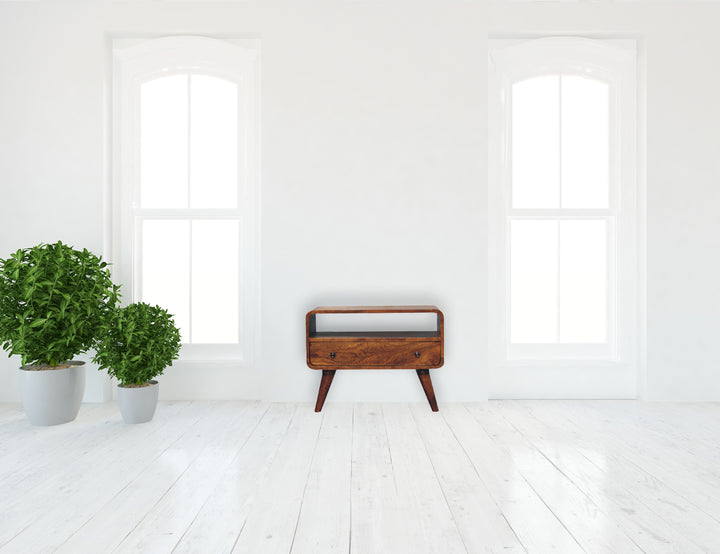 Brown Lacquered Velvet Mocha Solid Mango Wood Mini TV Stand with Carved Drawer & Open Niche