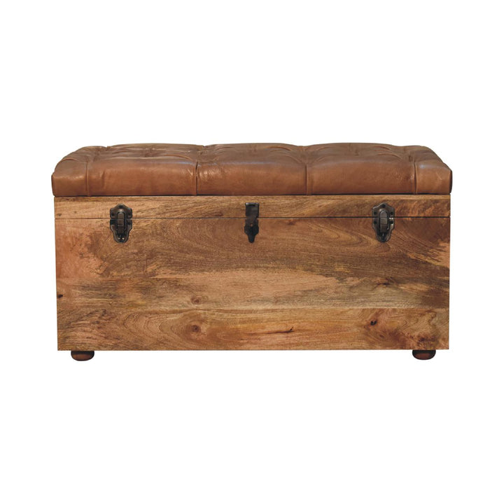 Brown Lacquered Oak-Finish Solid Wood Storage Chest with Buffalo Leather & Button Tufting