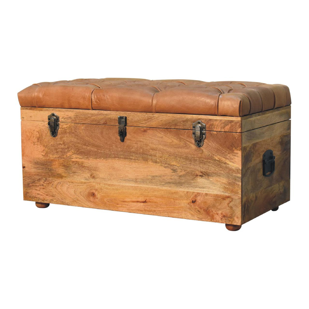 Brown Lacquered Oak-Finish Solid Wood Storage Chest with Buffalo Leather & Button Tufting