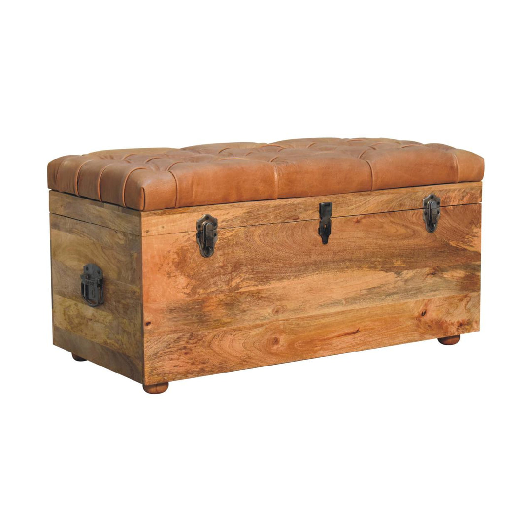 Brown Lacquered Oak-Finish Solid Wood Storage Chest with Buffalo Leather & Button Tufting