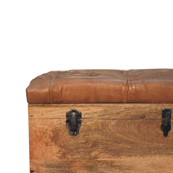 Brown Lacquered Oak-Finish Solid Wood Storage Chest with Buffalo Leather & Button Tufting