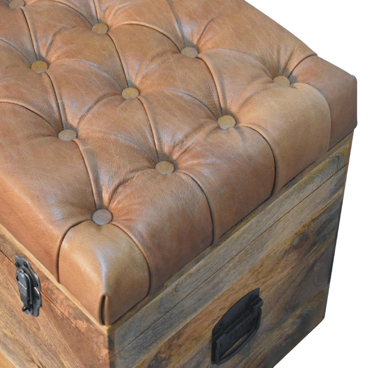 Brown Lacquered Oak-Finish Solid Wood Storage Chest with Buffalo Leather & Button Tufting