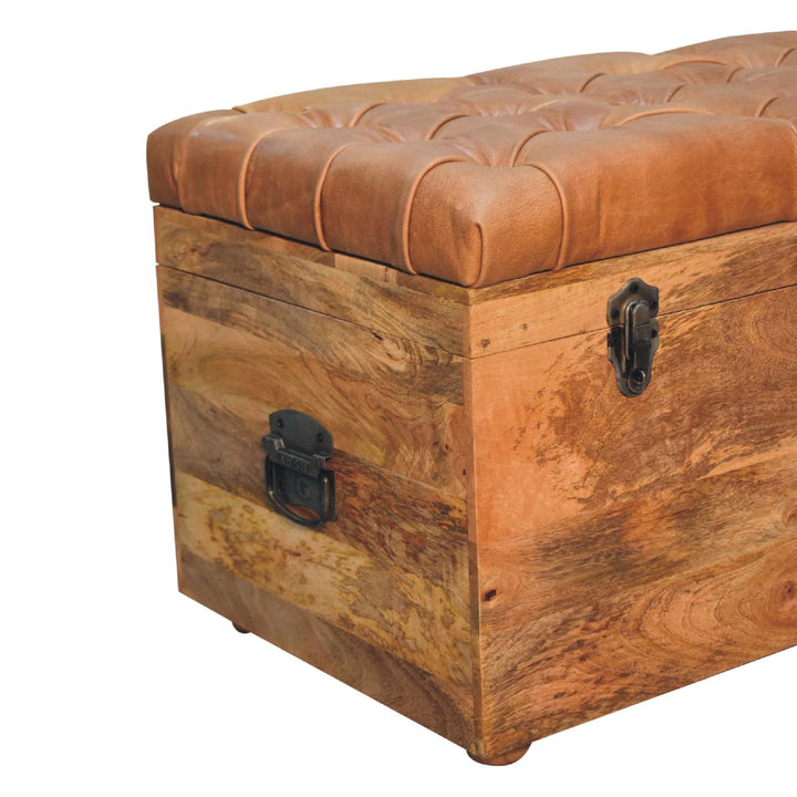 Brown Lacquered Oak-Finish Solid Wood Storage Chest with Buffalo Leather & Button Tufting