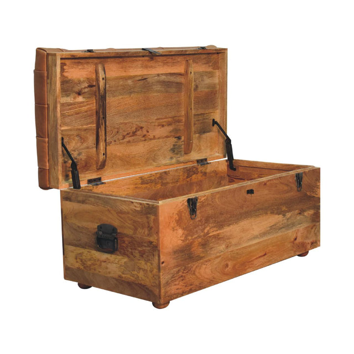 Brown Lacquered Oak-Finish Solid Wood Storage Chest with Buffalo Leather & Button Tufting