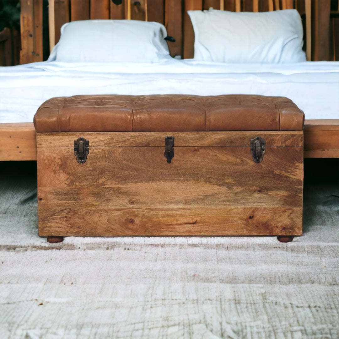 Brown Lacquered Oak-Finish Solid Wood Storage Chest with Buffalo Leather & Button Tufting