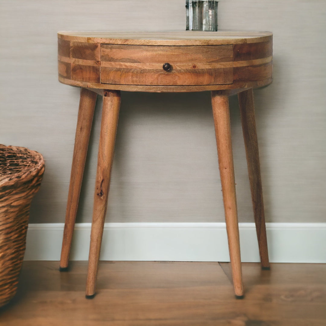 Brown Lacquered Light Oak Solid Mango Wood Odyssey Circular Console with Brass Knob