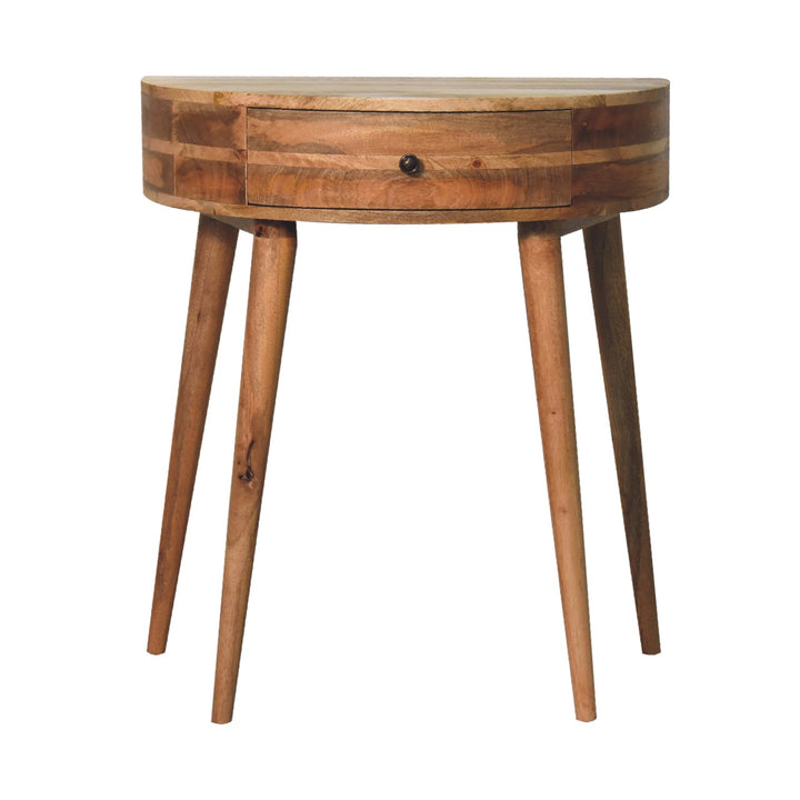 Brown Lacquered Light Oak Solid Mango Wood Odyssey Circular Console with Brass Knob