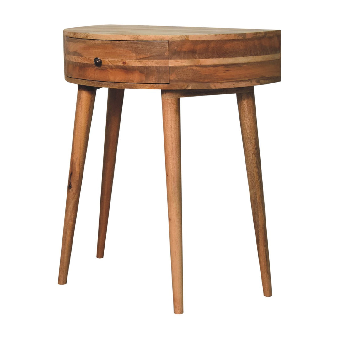 Brown Lacquered Light Oak Solid Mango Wood Odyssey Circular Console with Brass Knob