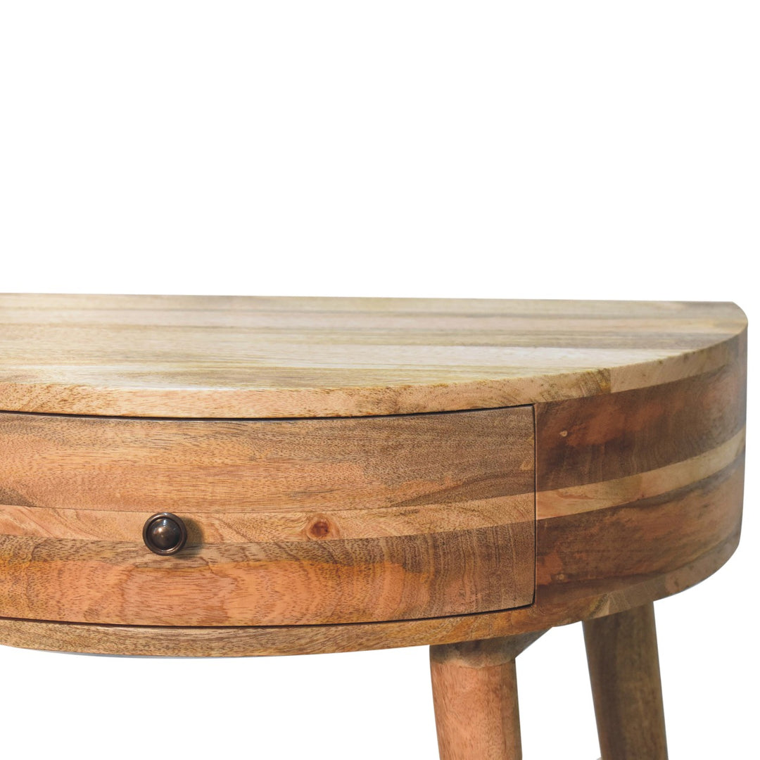 Brown Lacquered Light Oak Solid Mango Wood Odyssey Circular Console with Brass Knob