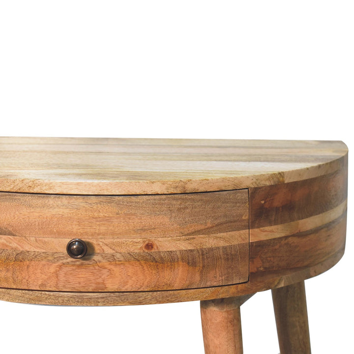 Brown Lacquered Light Oak Solid Mango Wood Odyssey Circular Console with Brass Knob