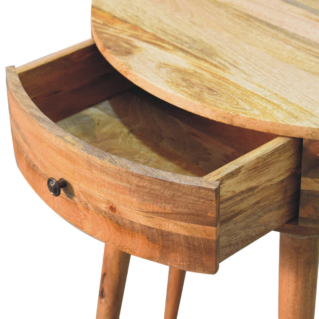 Brown Lacquered Light Oak Solid Mango Wood Odyssey Circular Console with Brass Knob