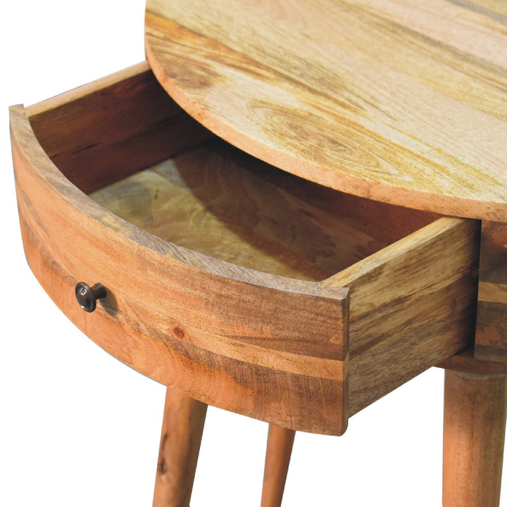 Brown Lacquered Light Oak Solid Mango Wood Odyssey Circular Console with Brass Knob