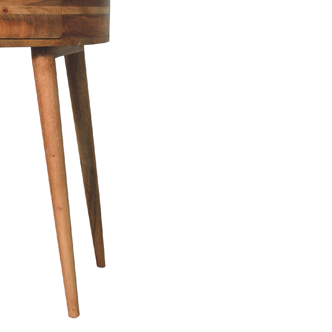 Brown Lacquered Light Oak Solid Mango Wood Odyssey Circular Console with Brass Knob