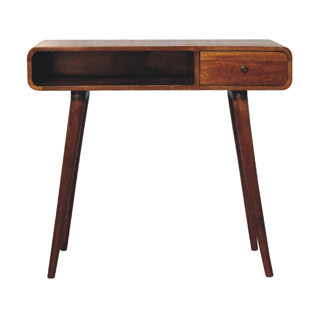 Brown Lacquered Chestnut Solid Mango Wood Curved Desk with 1 Drawer & 1 Open Shelf