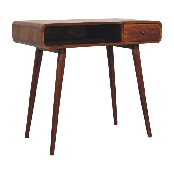Brown Lacquered Chestnut Solid Mango Wood Curved Desk with 1 Drawer & 1 Open Shelf