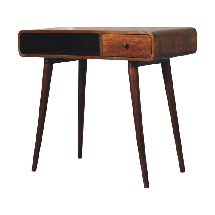 Brown Lacquered Chestnut Solid Mango Wood Curved Desk with 1 Drawer & 1 Open Shelf