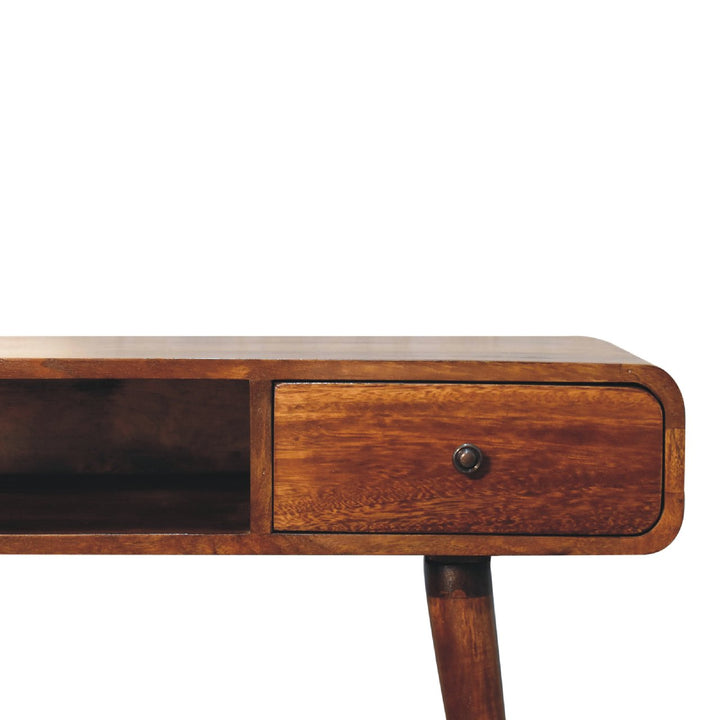 Brown Lacquered Chestnut Solid Mango Wood Curved Desk with 1 Drawer & 1 Open Shelf