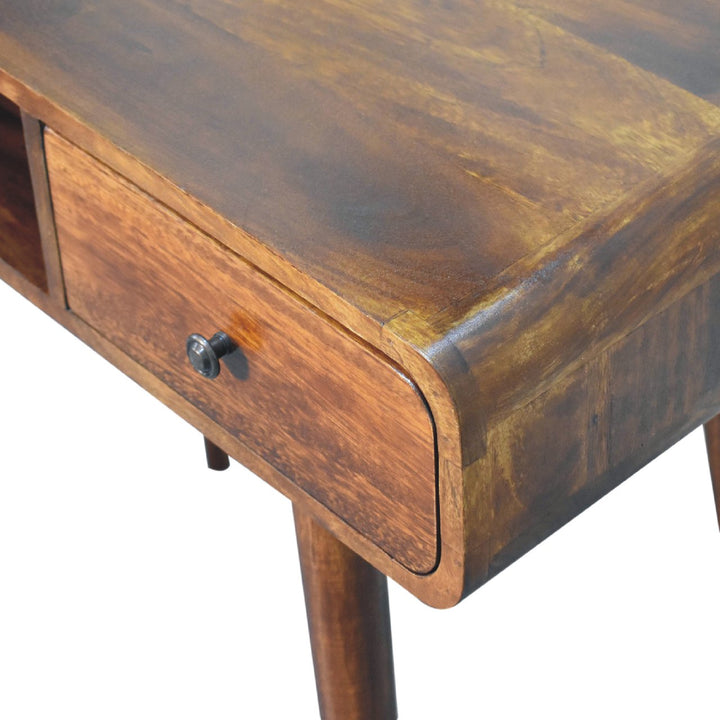 Brown Lacquered Chestnut Solid Mango Wood Curved Desk with 1 Drawer & 1 Open Shelf