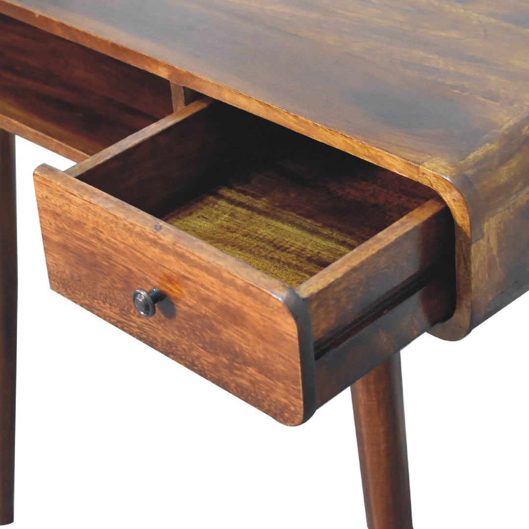 Brown Lacquered Chestnut Solid Mango Wood Curved Desk with 1 Drawer & 1 Open Shelf