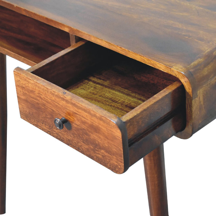 Brown Lacquered Chestnut Solid Mango Wood Curved Desk with 1 Drawer & 1 Open Shelf