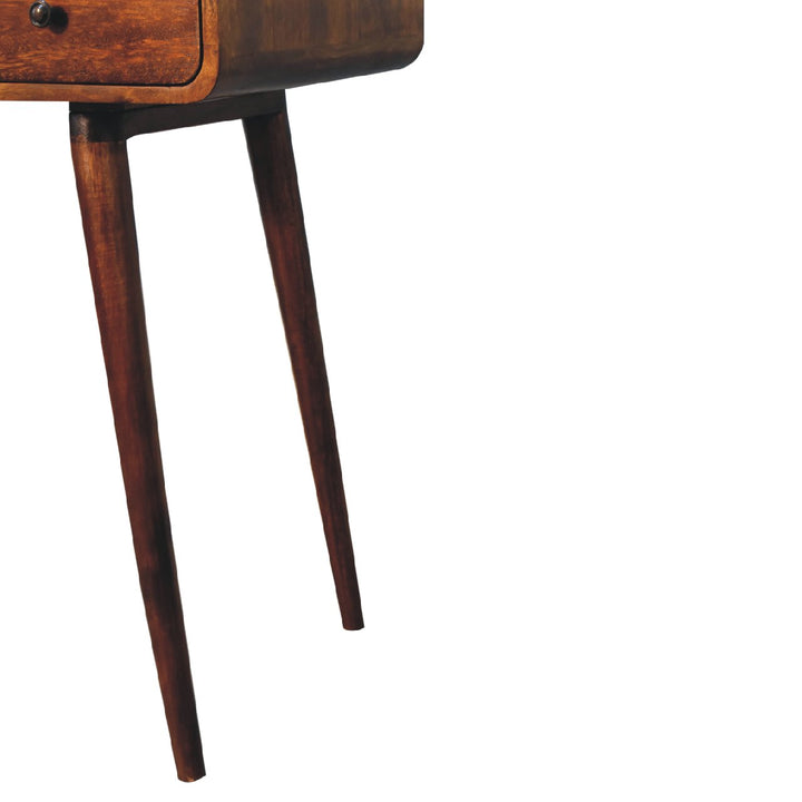 Brown Lacquered Chestnut Solid Mango Wood Curved Desk with 1 Drawer & 1 Open Shelf