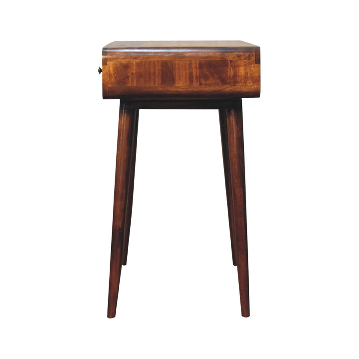 Brown Lacquered Chestnut Solid Mango Wood Curved Desk with 1 Drawer & 1 Open Shelf