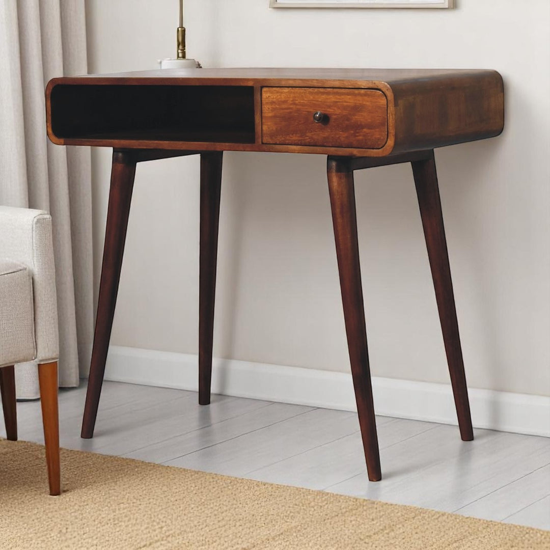 Brown Lacquered Chestnut Solid Mango Wood Curved Desk with 1 Drawer & 1 Open Shelf