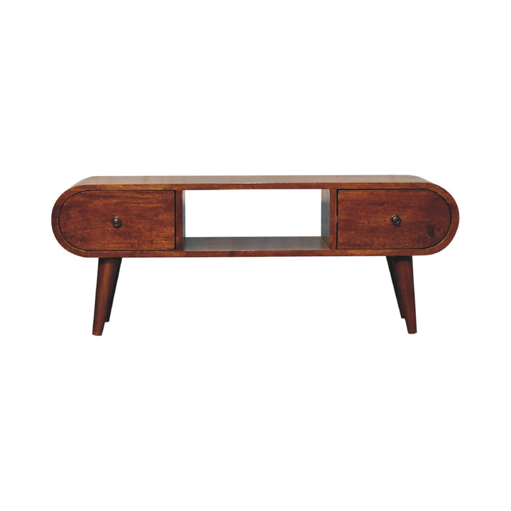 Chocolate Brown Lacquered Classic Grey Solid Mango Wood TV Stand with 3 Drawers & Splayed Legs