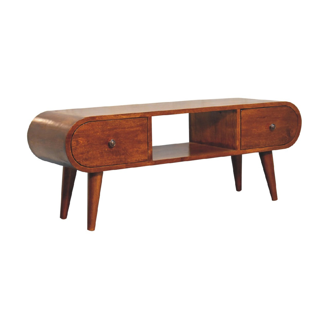 Chocolate Brown Lacquered Classic Grey Solid Mango Wood TV Stand with 3 Drawers & Splayed Legs