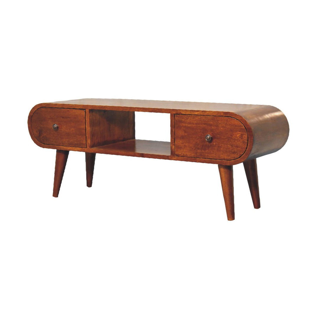Chocolate Brown Lacquered Classic Grey Solid Mango Wood TV Stand with 3 Drawers & Splayed Legs