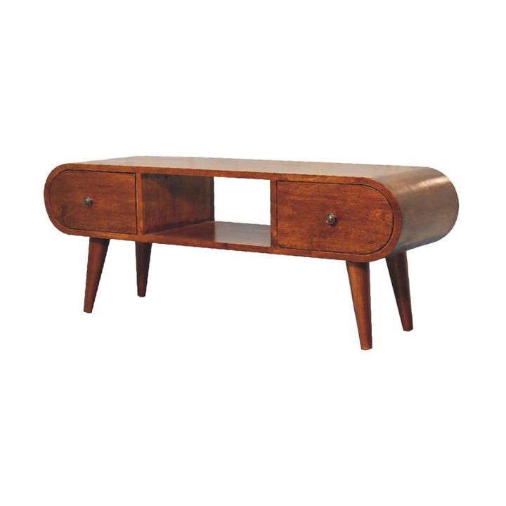 Chocolate Brown Lacquered Classic Grey Solid Mango Wood TV Stand with 3 Drawers & Splayed Legs