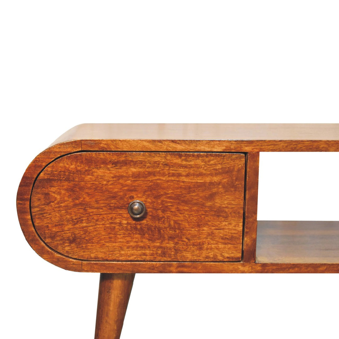 Chocolate Brown Lacquered Classic Grey Solid Mango Wood TV Stand with 3 Drawers & Splayed Legs