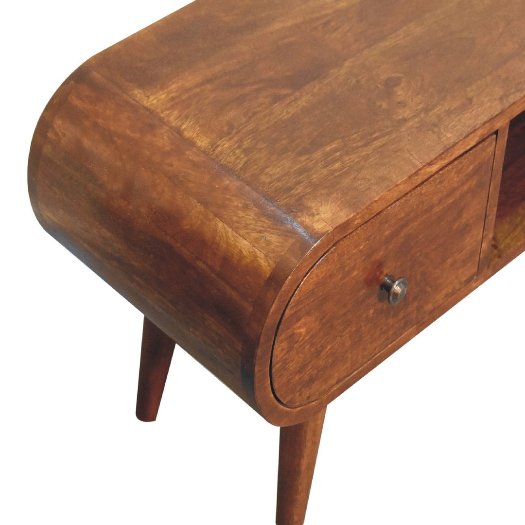 Chocolate Brown Lacquered Classic Grey Solid Mango Wood TV Stand with 3 Drawers & Splayed Legs
